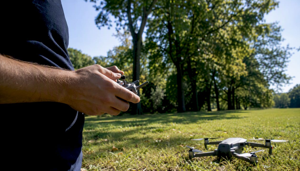 Un pilote de drone s'apprête à installer son équipement pour filmer un mariage.