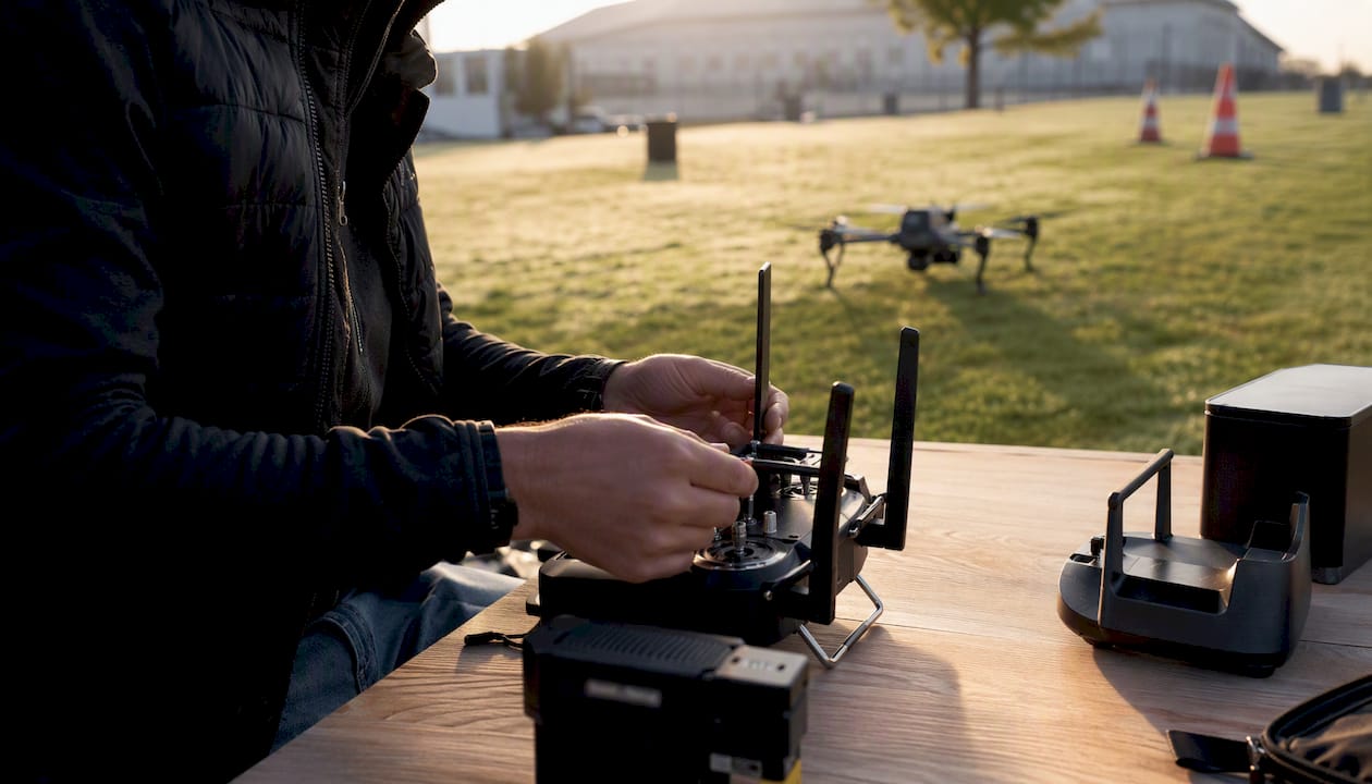 Un pilote de drone s’apprête à faire décoller son appareil en plein air, vérifiant les derniers réglages avant de commencer le vol.
