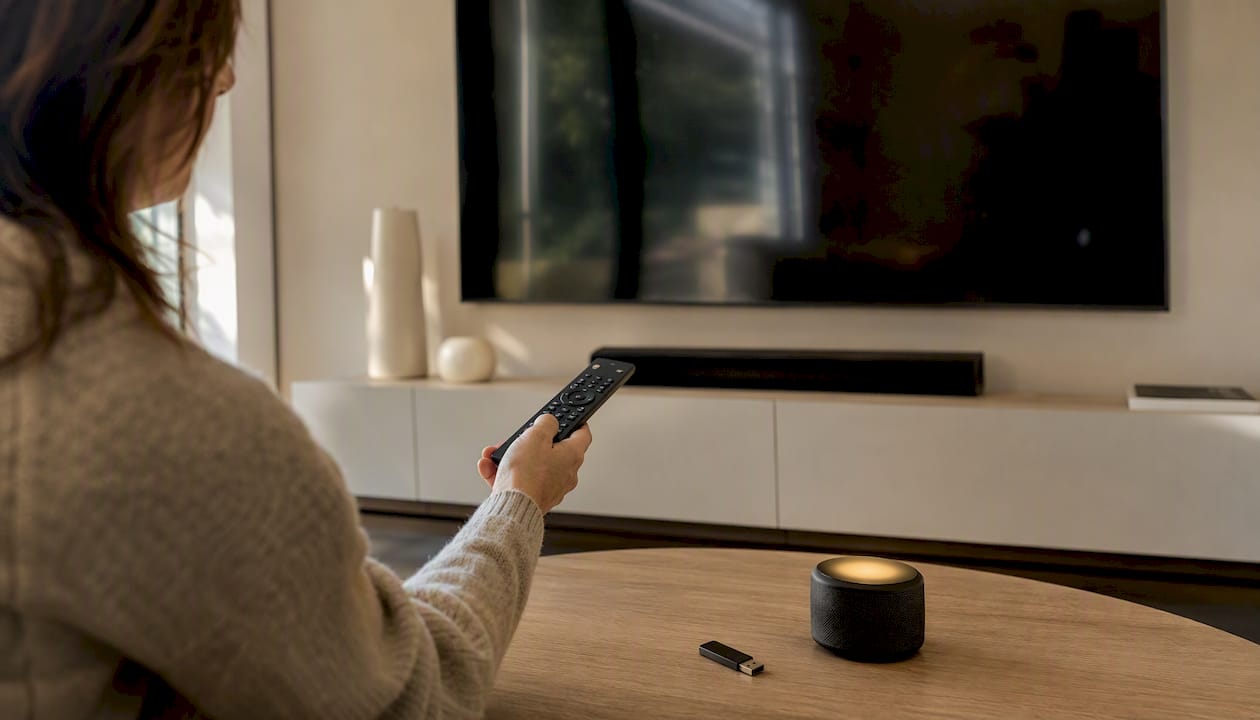 Une famille s'installe confortablement dans le salon, prête à regarder le film de mariage sur la Smart TV.