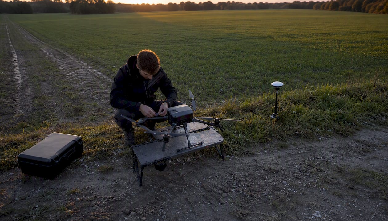 Un télépilote prépare son drone avant de réaliser un relevé topographique.