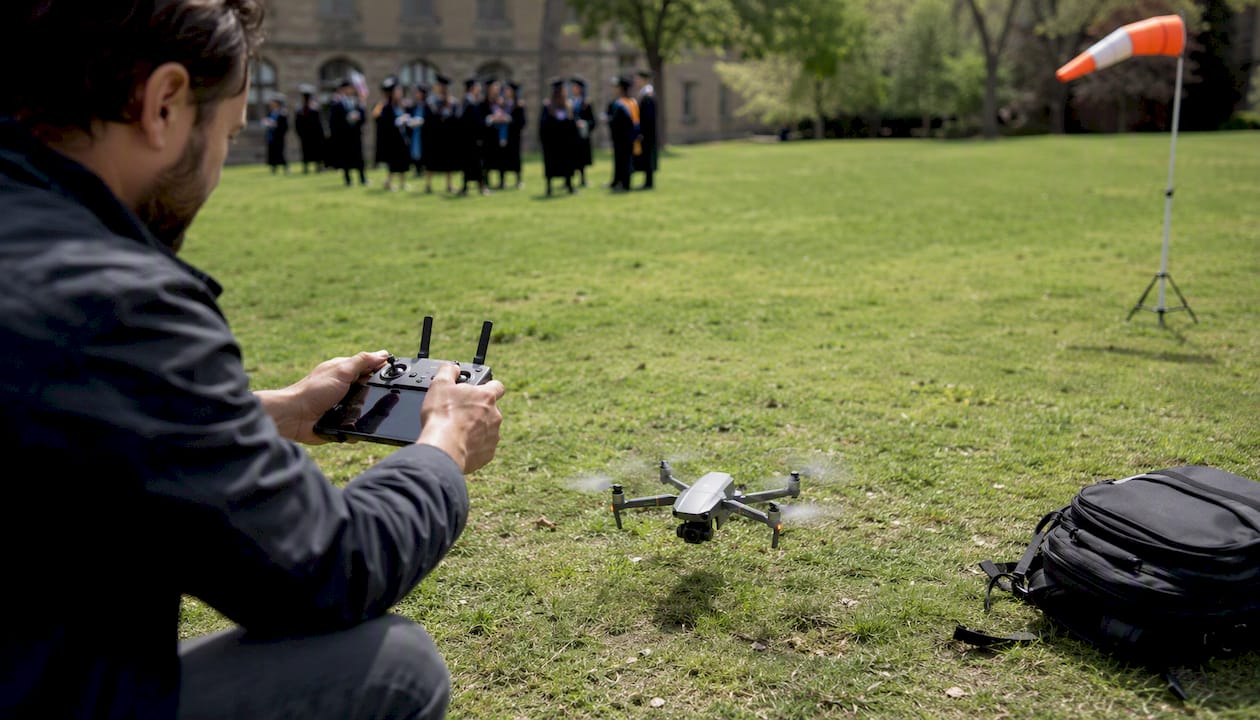 Décollage du drone pour immortaliser la cérémonie de remise des diplômes