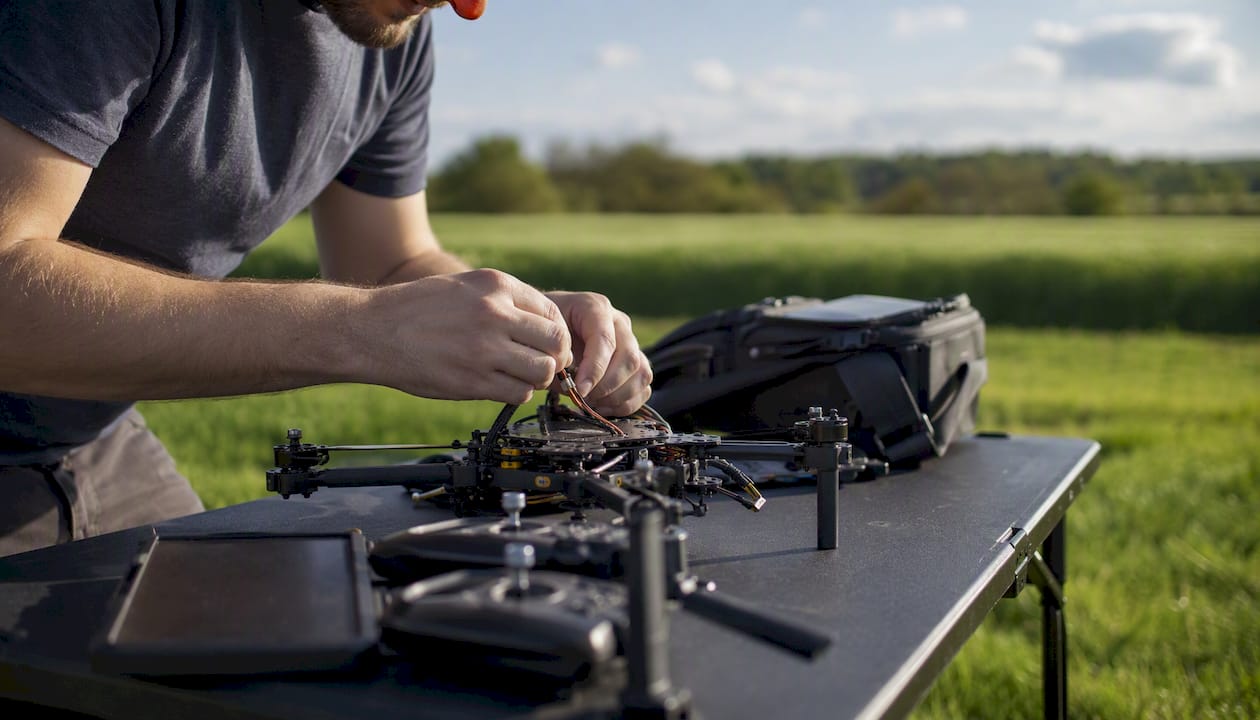 Un pilote de drone procède aux derniers réglages et assemble son appareil avant le décollage.