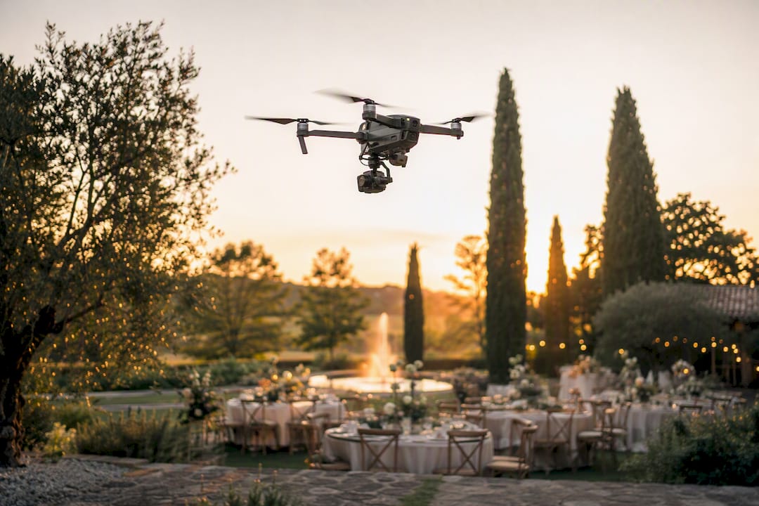 Drone survolant le lieu du mariage à l'heure dorée