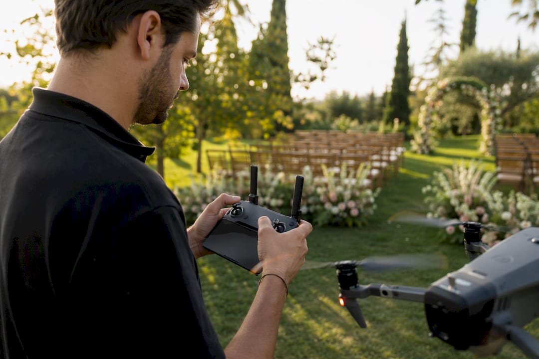 Pilote de drone préparant le drone pour le film de mariage