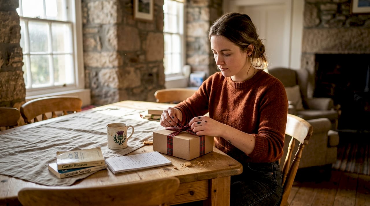 Woman preparing Scottish tartan ribbon box