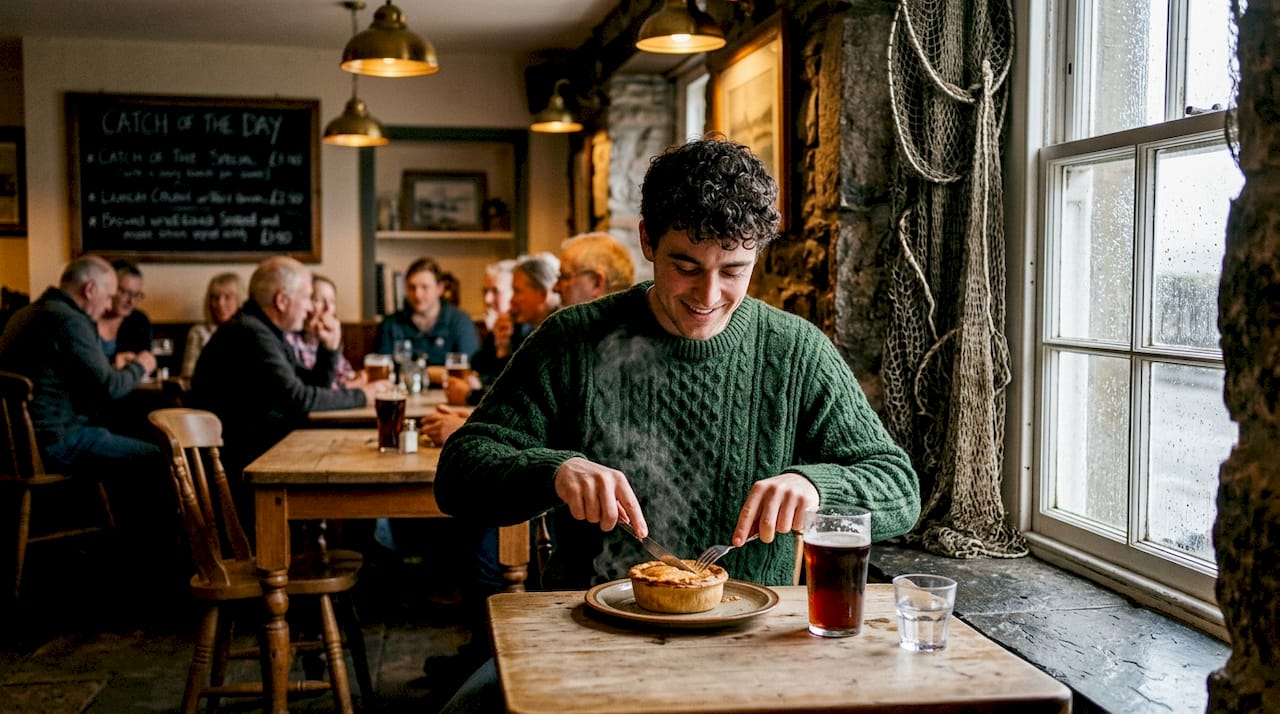 Man eating traditional food in Skye village pub