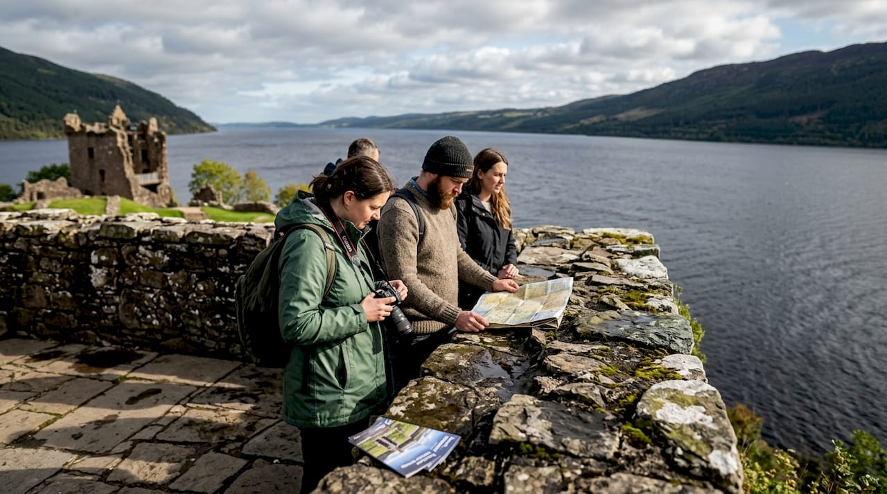 Tourists viewing Loch Ness from castle ramparts