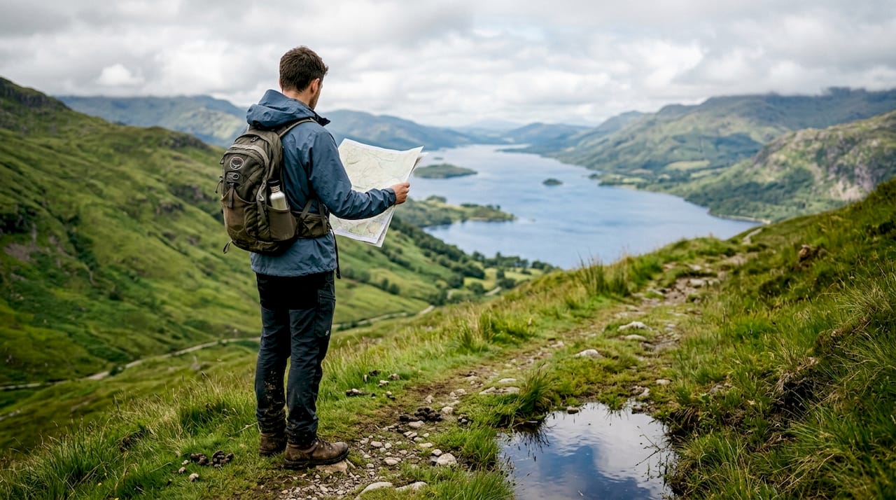 Hiker overlooking Loch Lomond with hills