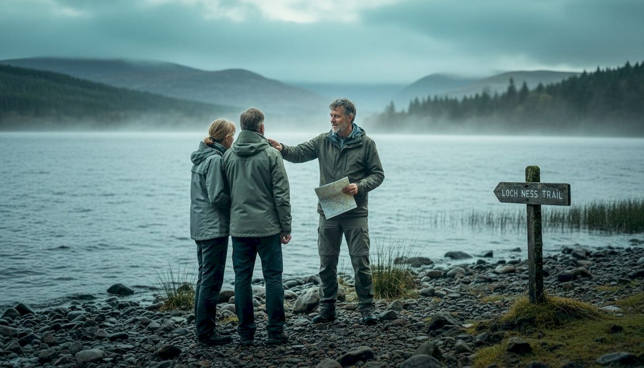 Couple and guide at Loch Ness shore