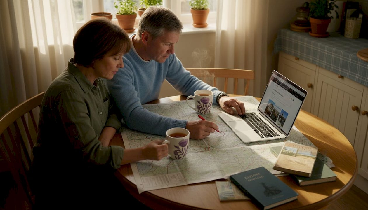 Couple planning Scottish Highlands trip at kitchen table