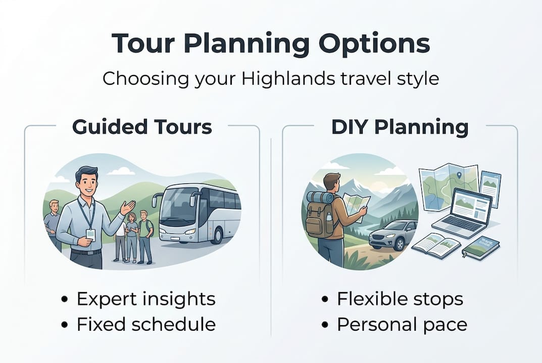 Infographic comparing guided and DIY Highlands tour planning