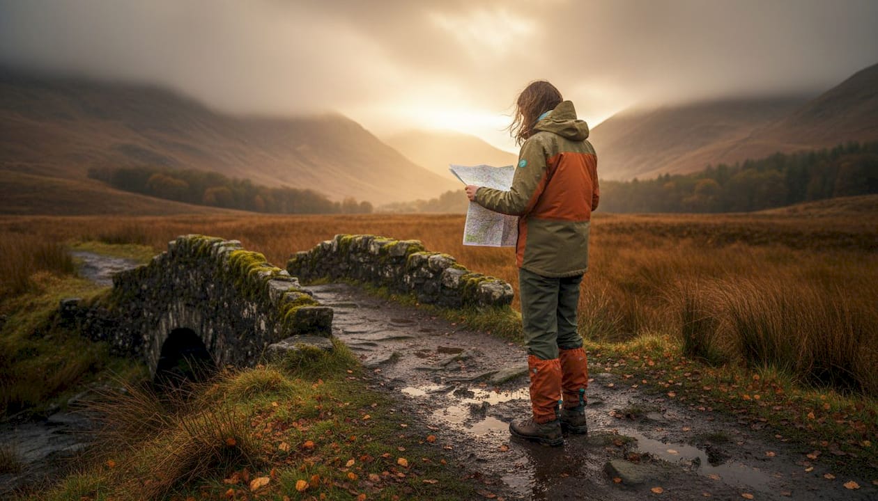 Hiker in autumn Scottish Highlands rain