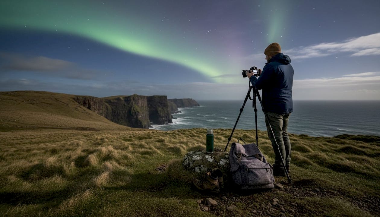 Photographer capturing aurora near Skye cliffs