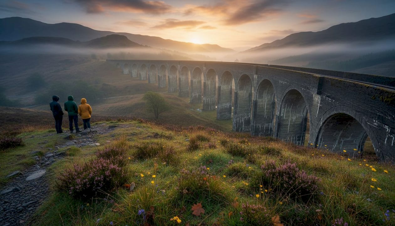 Glenfinnan Viaduct in morning mist landscape