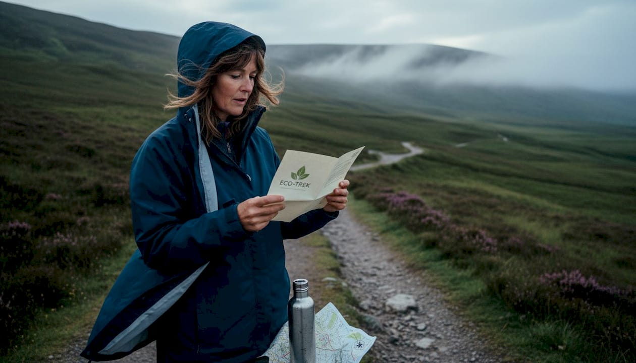 Traveler reading itinerary on misty Highland trail