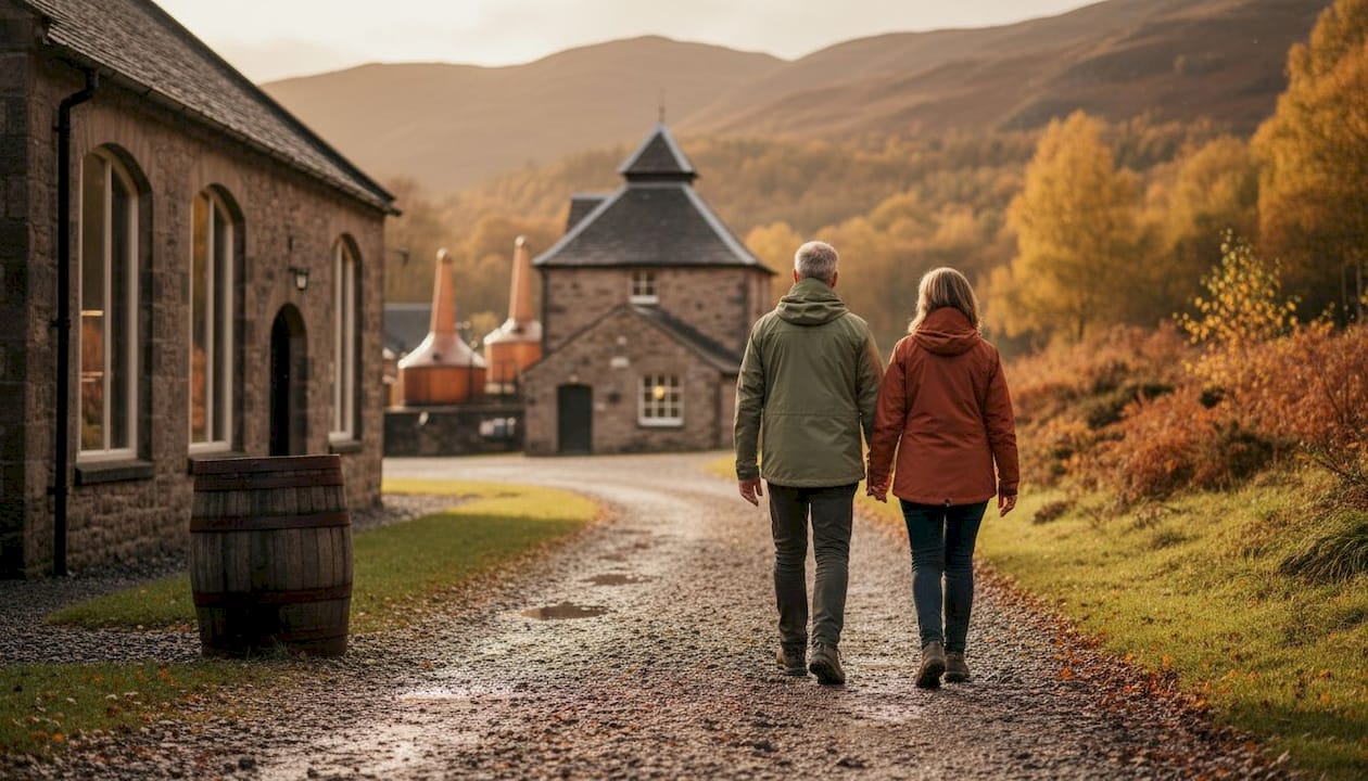 Couple walking to Highland whisky distillery in autumn