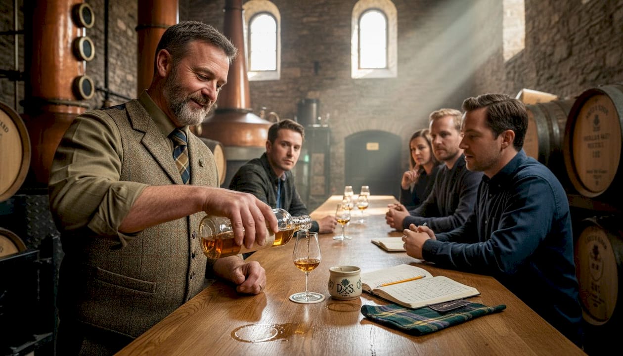 Guide pouring whisky sample in historic distillery