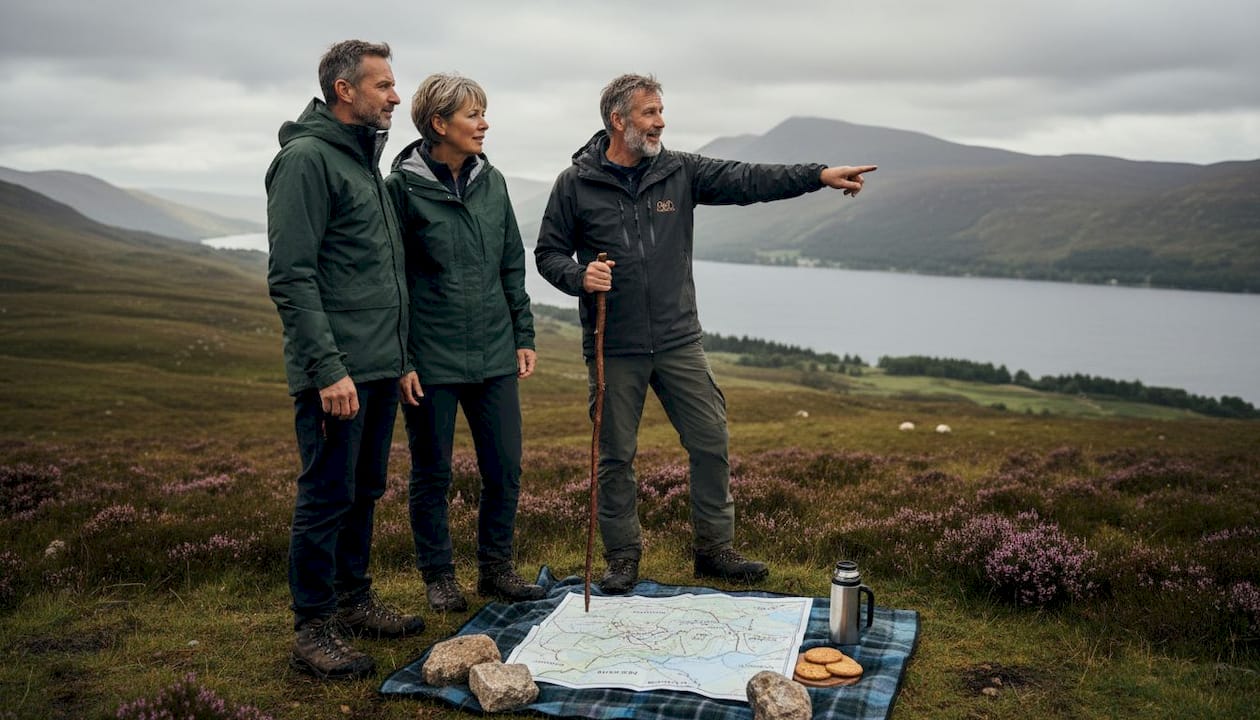 Travelers and guide plan on a Highland hillside