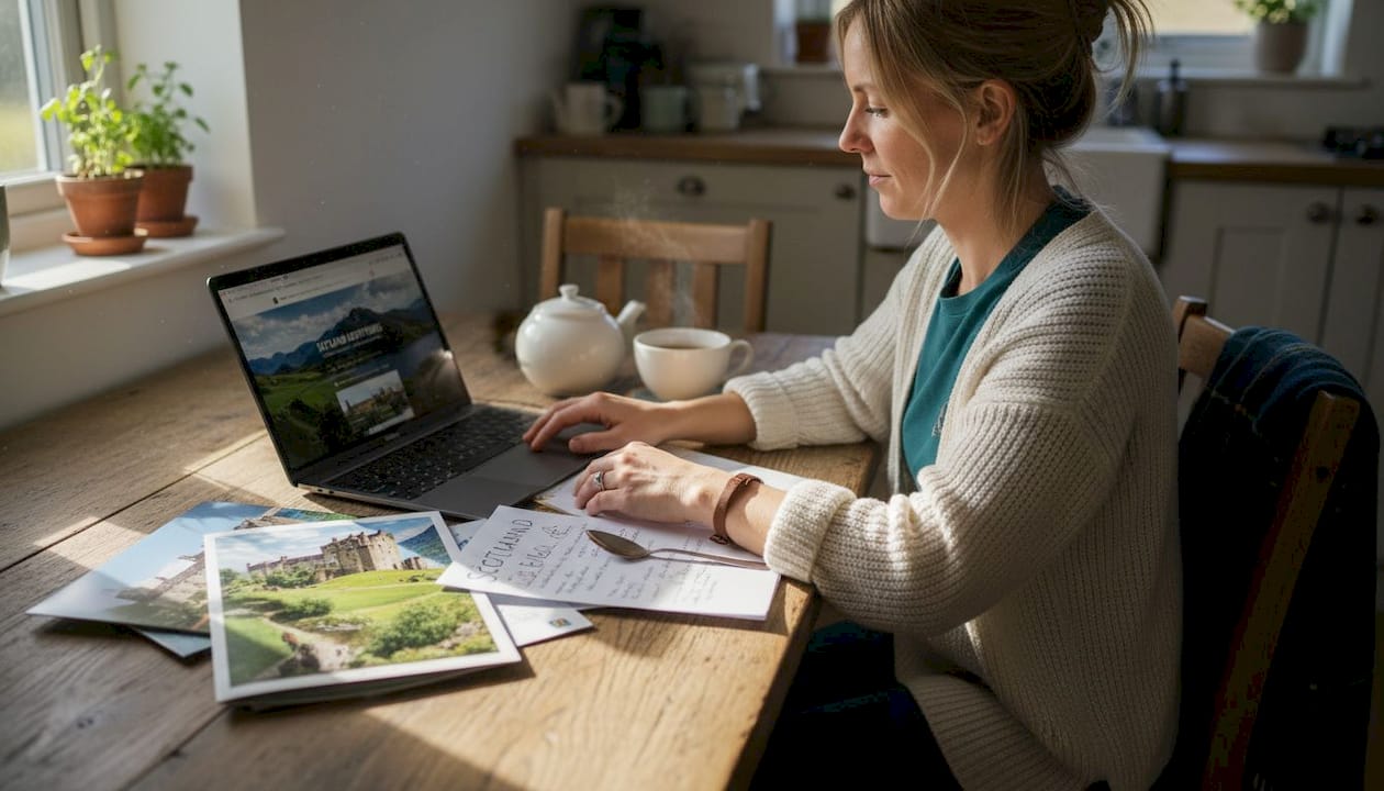 Person researching Scotland tours at kitchen table