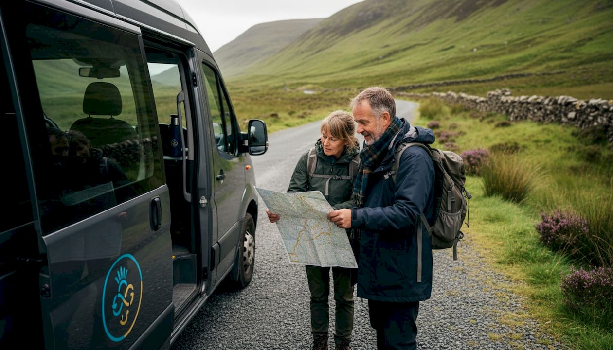 Tour guide and travelers planning route in Scottish Highlands