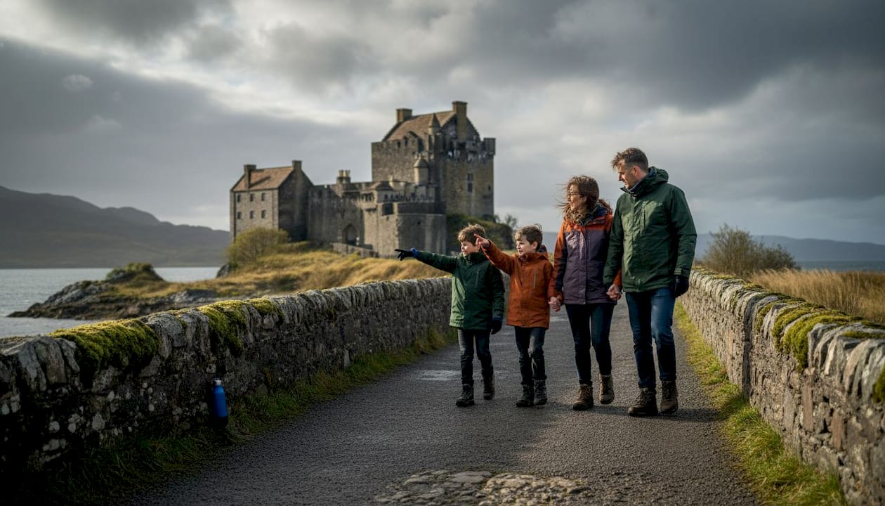 Family walking to historic Highland castle