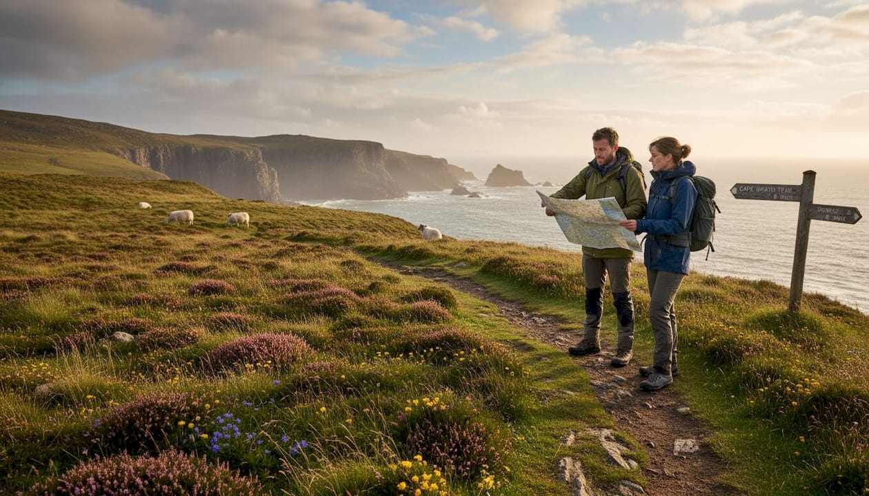 Hikers pausing by Cape Wrath cliffs