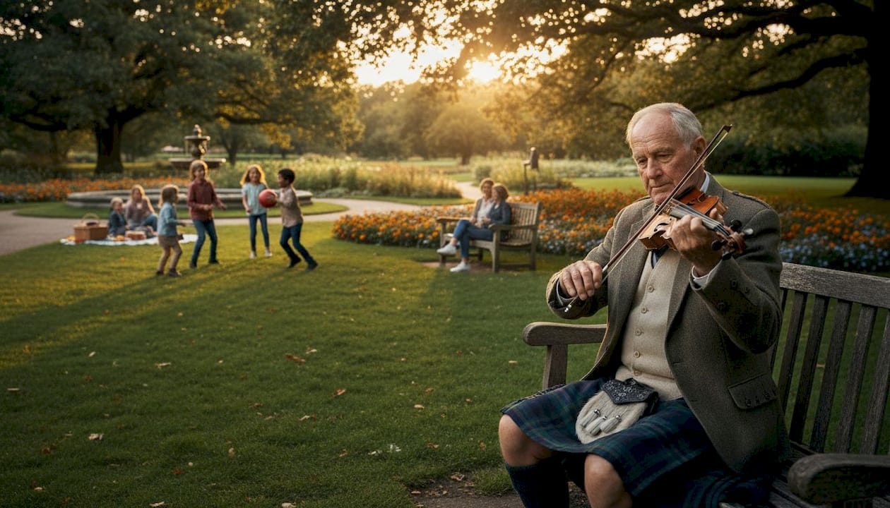 Scottish man tuning violin outside community hall