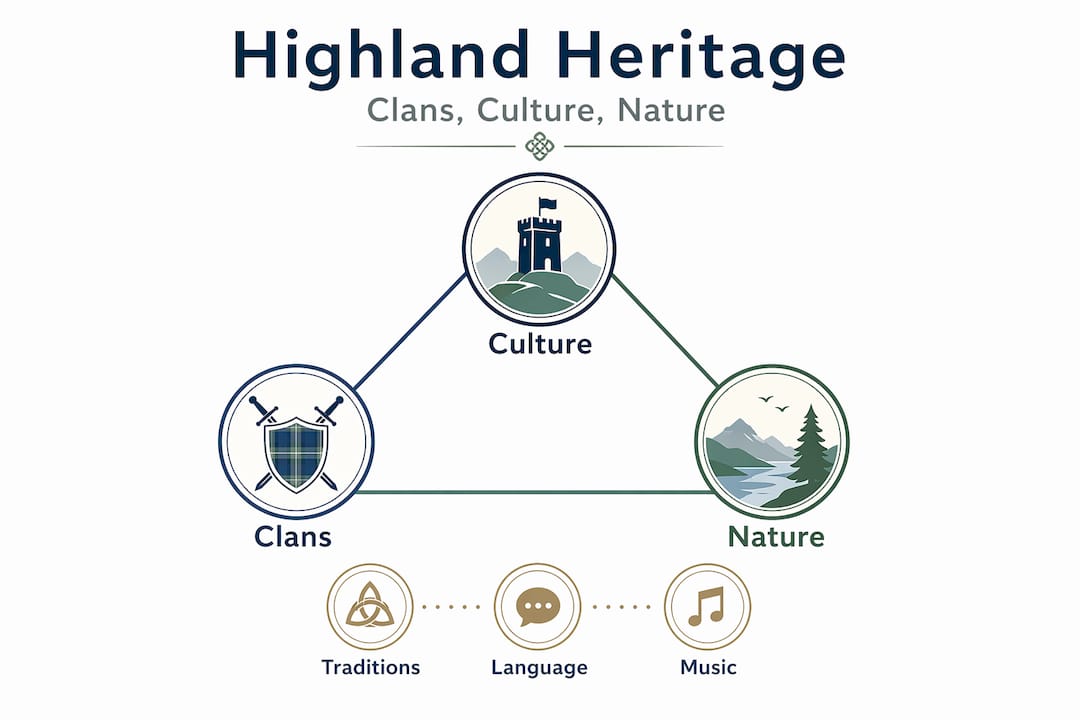 Hierarchy infographic of Highland culture, clans, nature