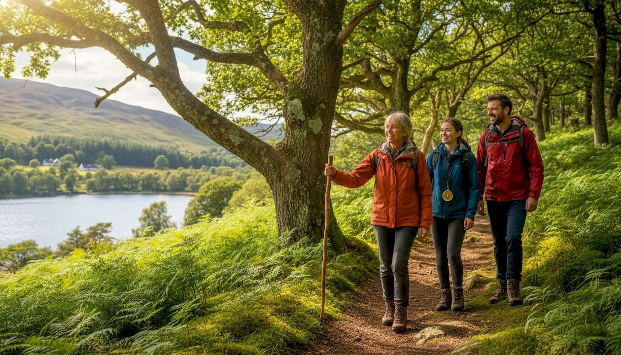 Guide leading travelers on Highland trail
