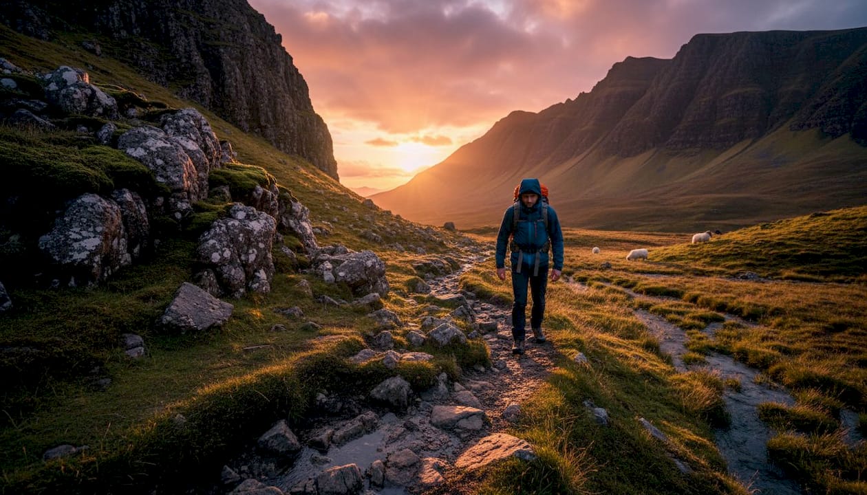 Black Cuillin landscape with hiker and rugged trail