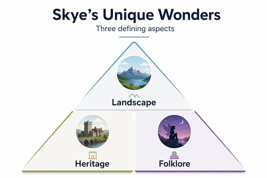 Hierarchy infographic showing Skye’s landscapes, heritage, folklore