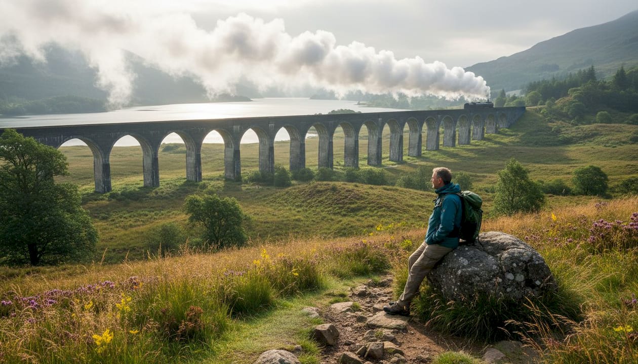 Steam train crossing Glenfinnan Viaduct
