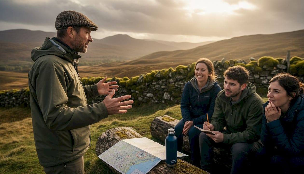 Scottish guide leading tour group in Highlands