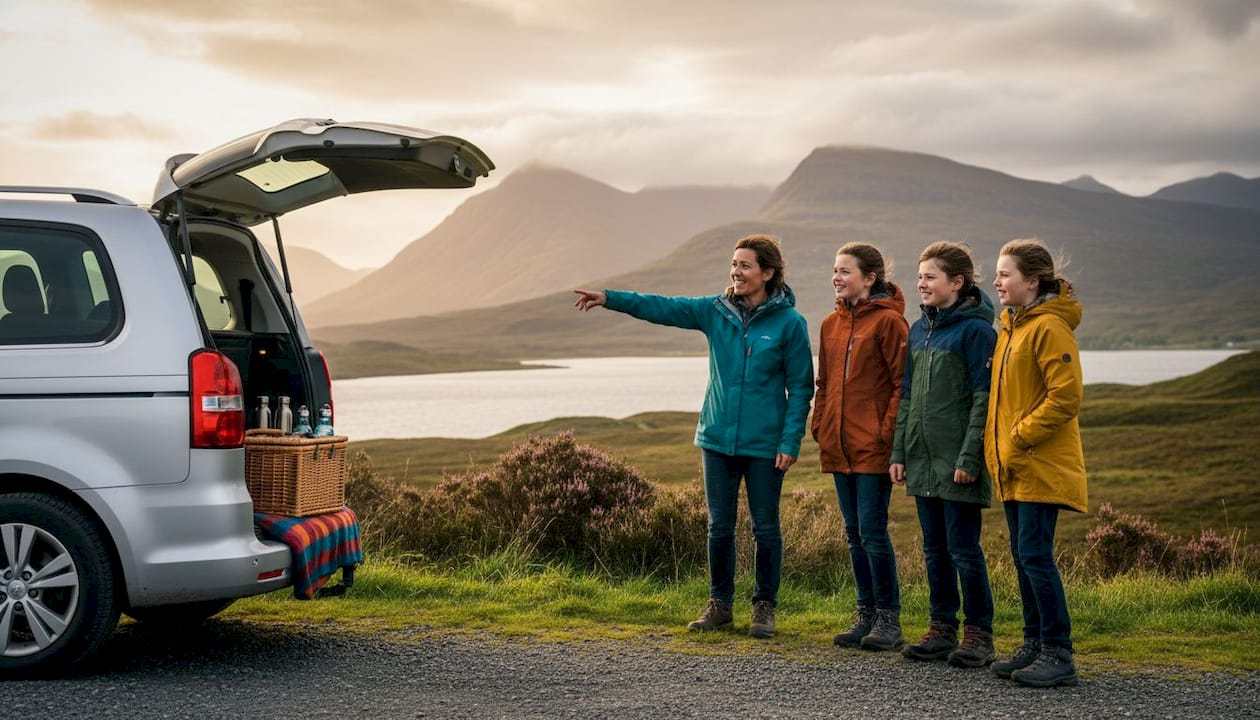 Guide with small group beside van in Skye landscape