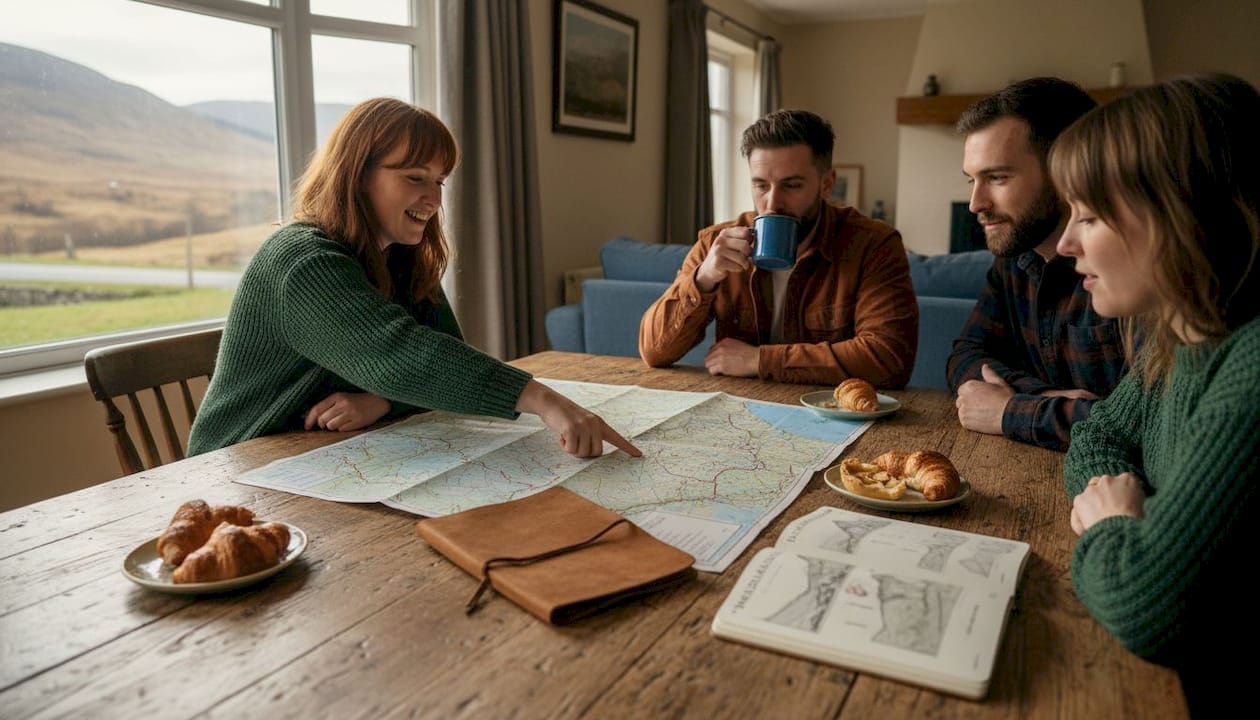 Friends planning Highlands trip around kitchen table