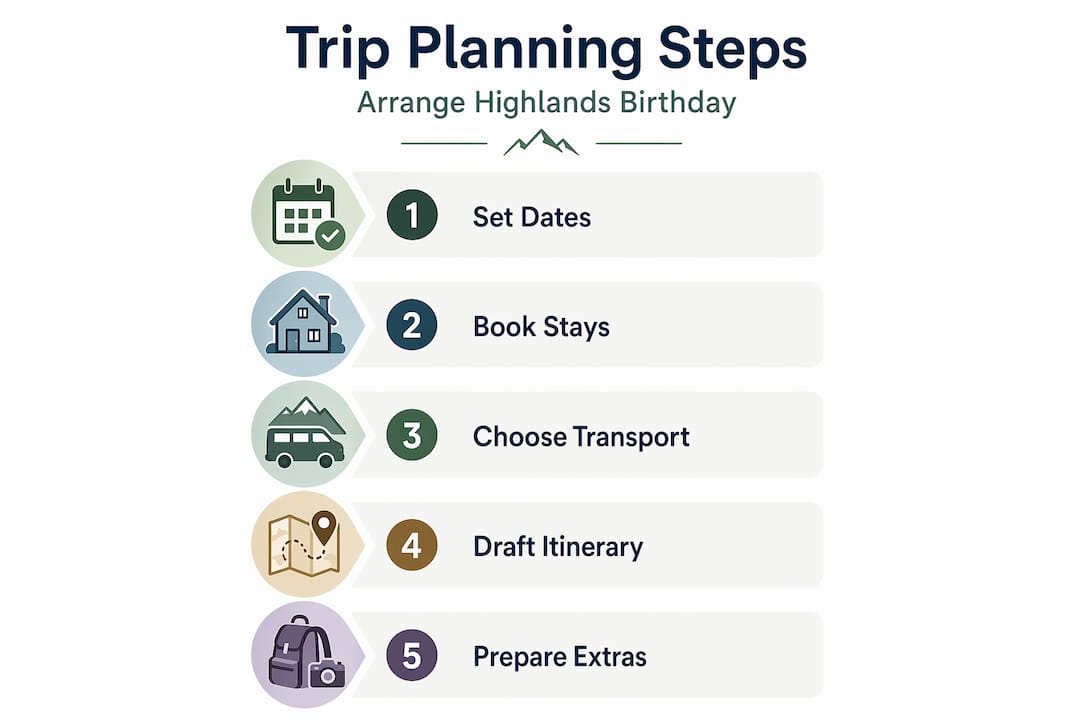 Vertical infographic showing Highlands birthday trip planning steps