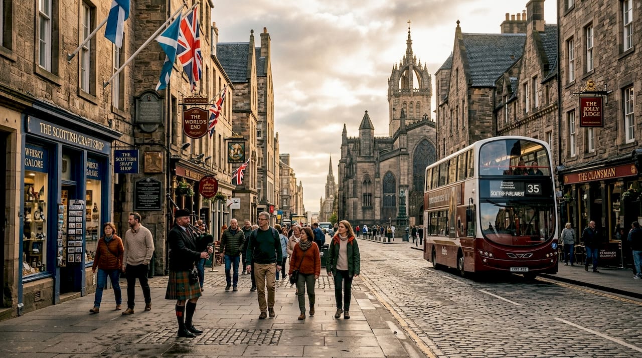 Pedestrians along Edinburgh Royal Mile cobblestone street