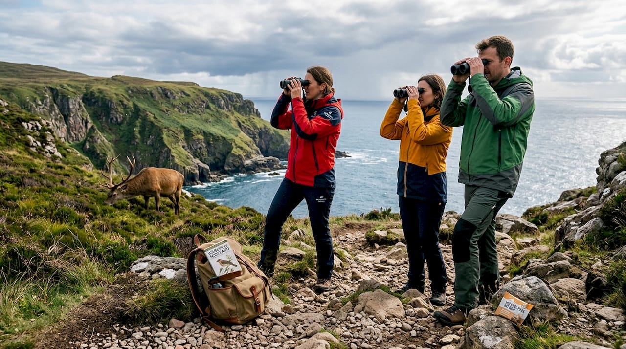 Tourists observing red deer on Scottish Highland moor