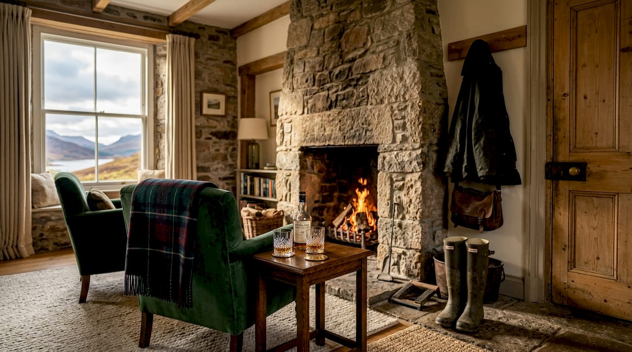 Luxury lodge lounge overlooking Scottish Highlands