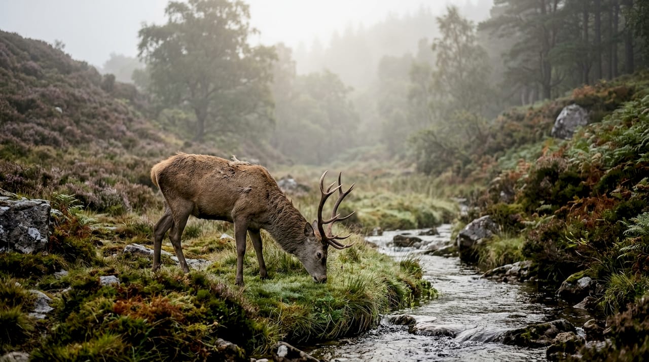 Red deer grazing in open Highland glen landscape