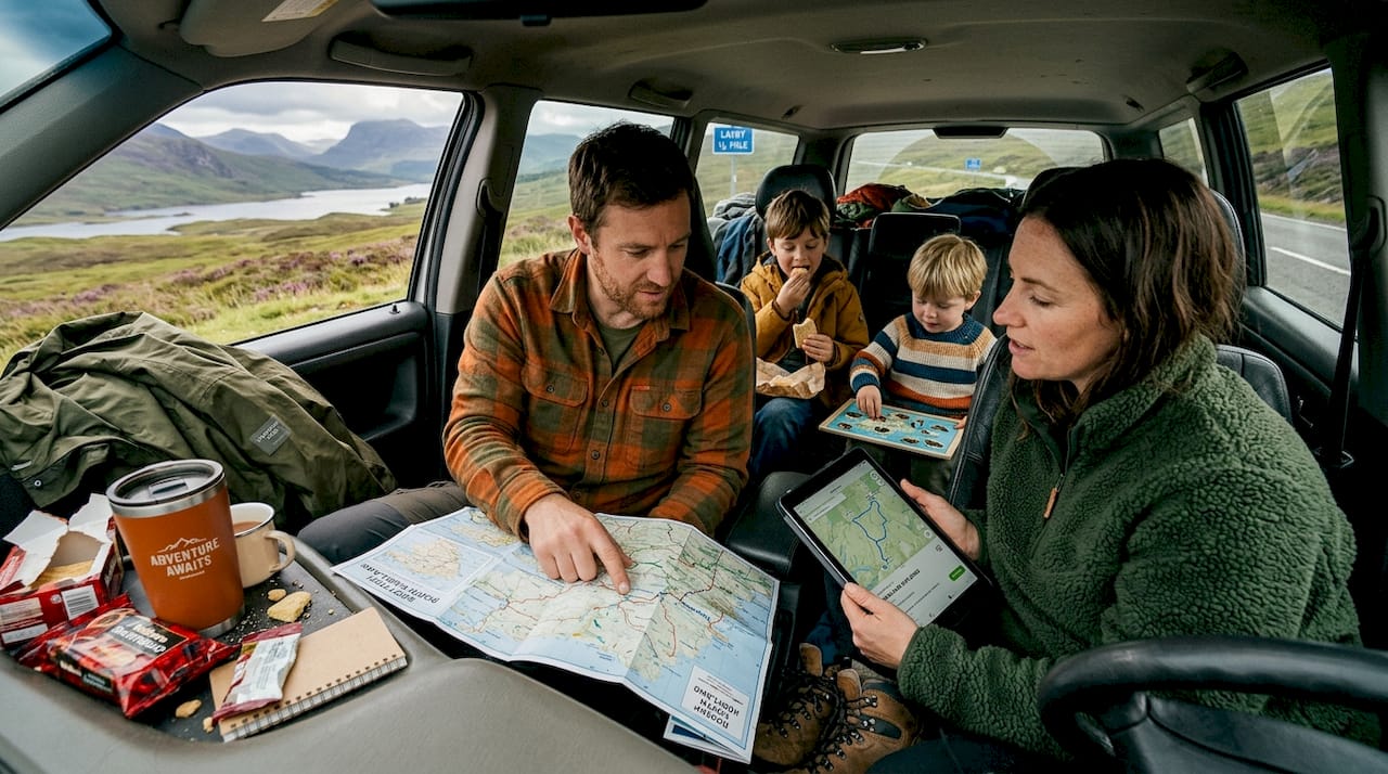 Family prepping for Highlands road trip in car