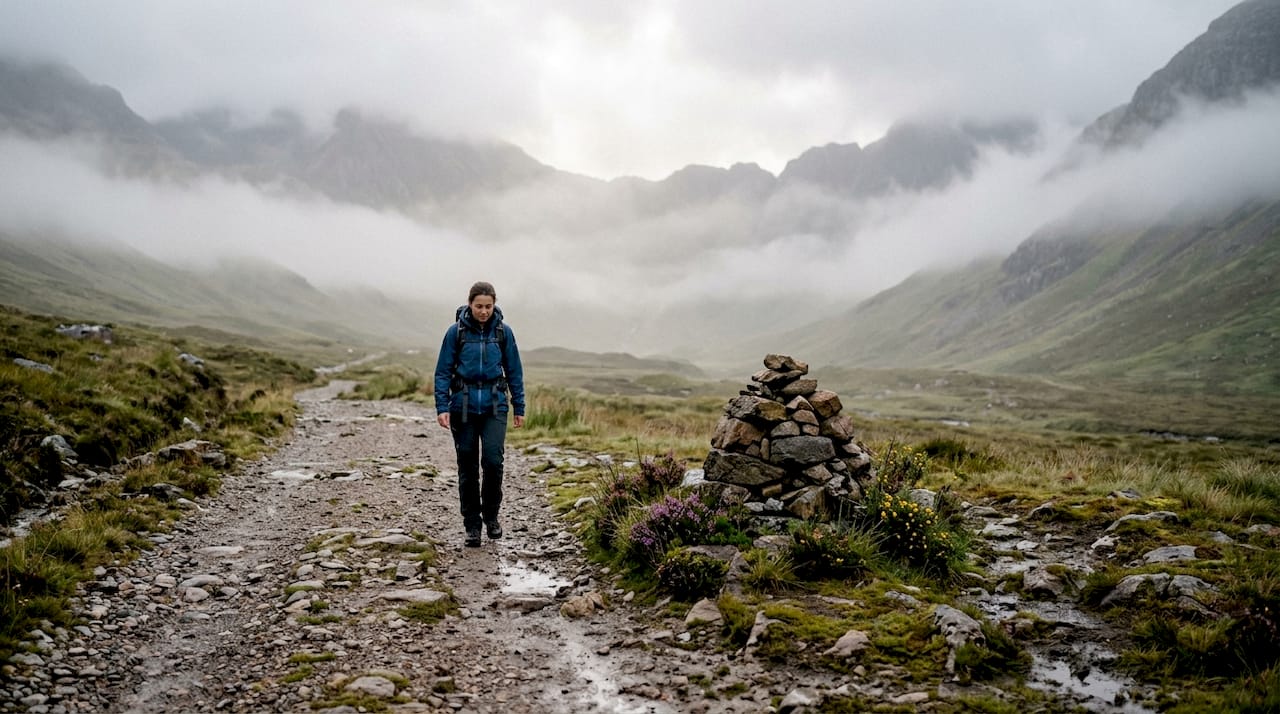 Mist-covered Glencoe valley with hiker