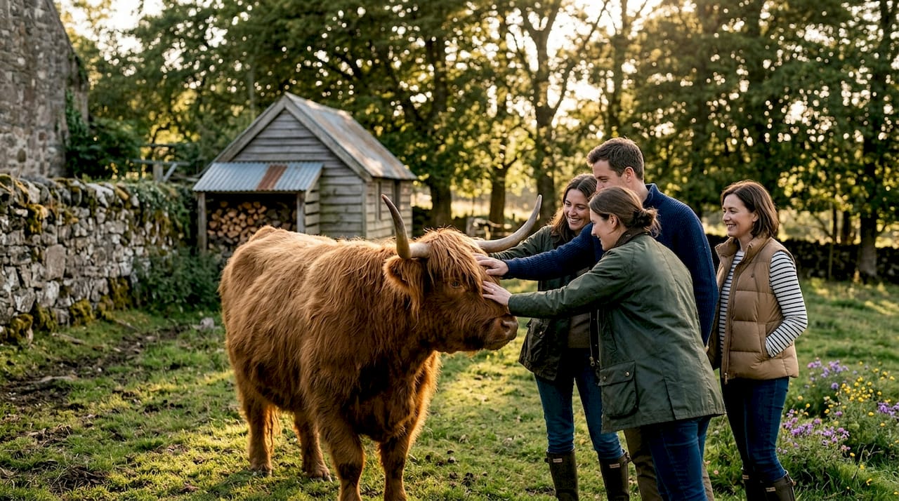 Tourists meeting Highland cattle on farm