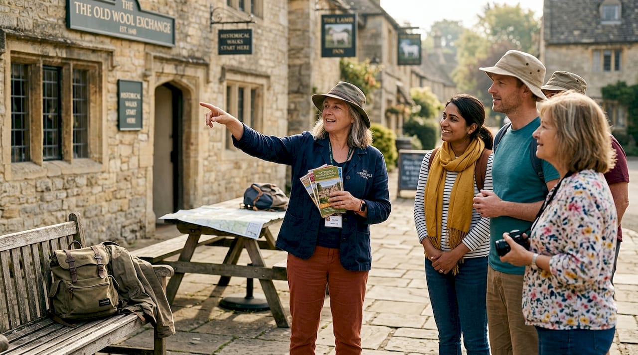 Tour guide explaining to group outdoors