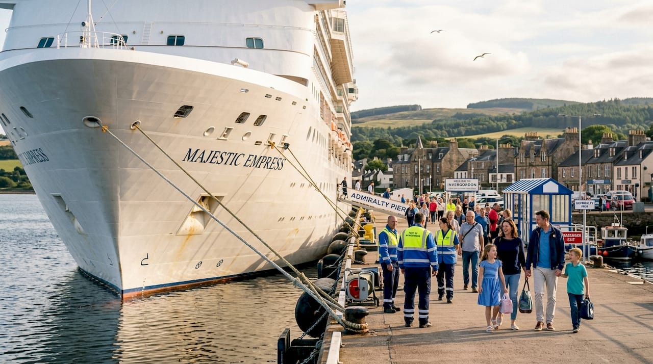 Cruise ship docked at Invergordon port pier