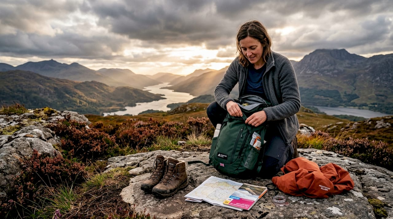 Hiker packing weatherproof backpack outdoors