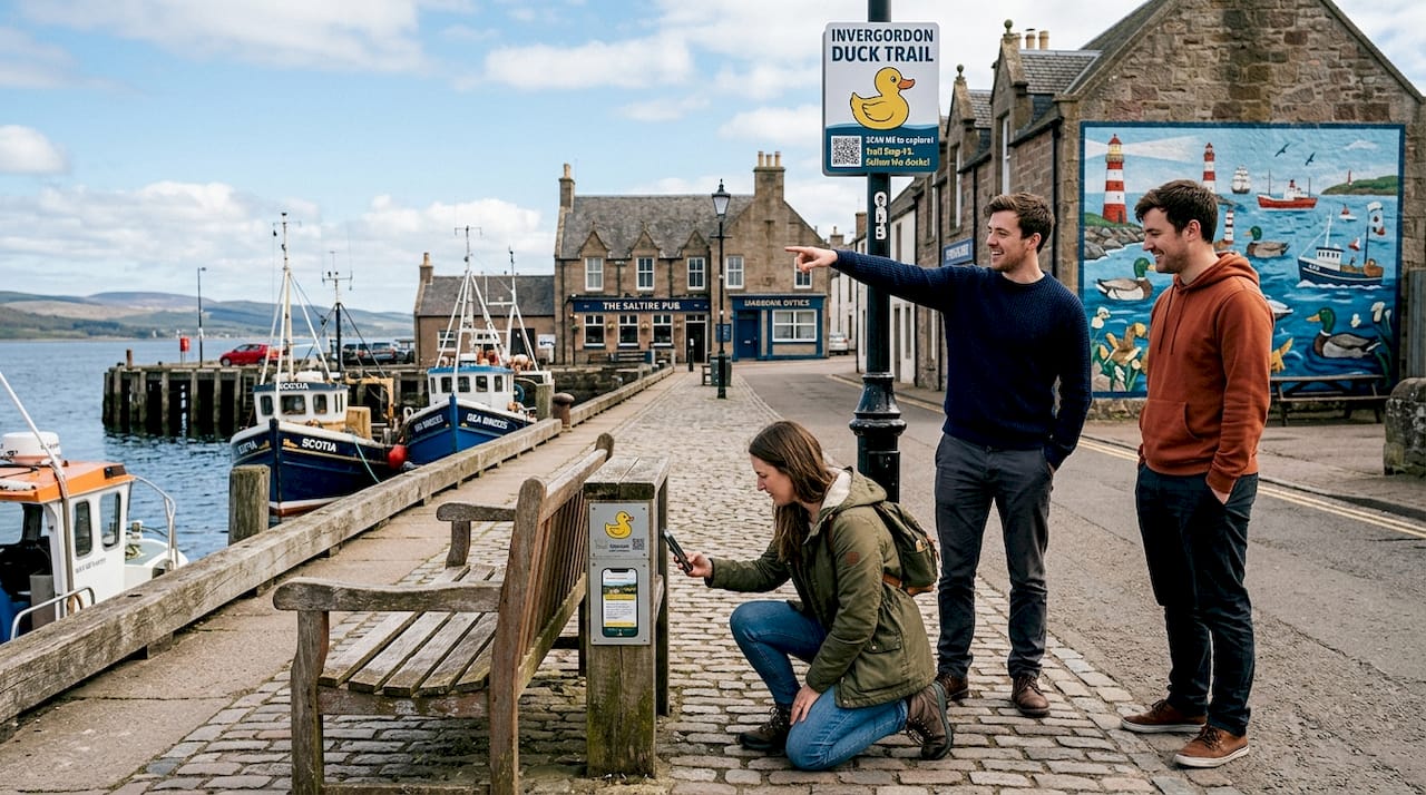 Tourists exploring Invergordon Duck Trail on waterfront