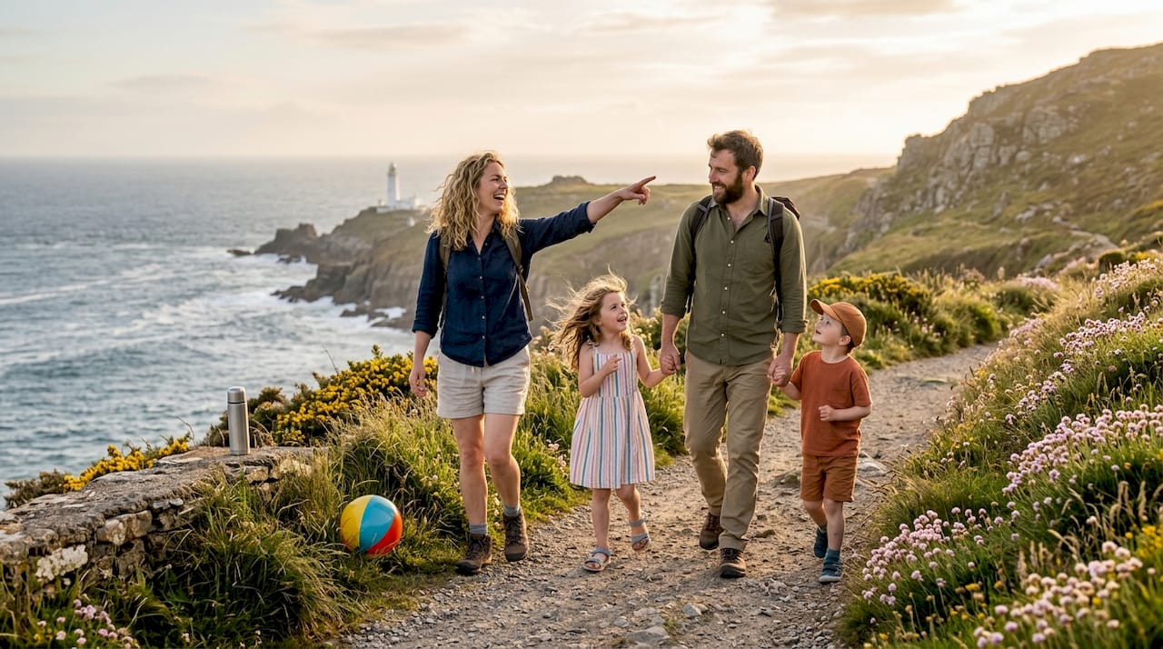 Family hiking on nature trail with guide