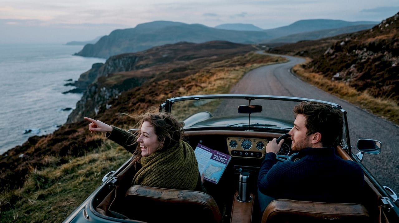 Couple driving scenic coastal road together