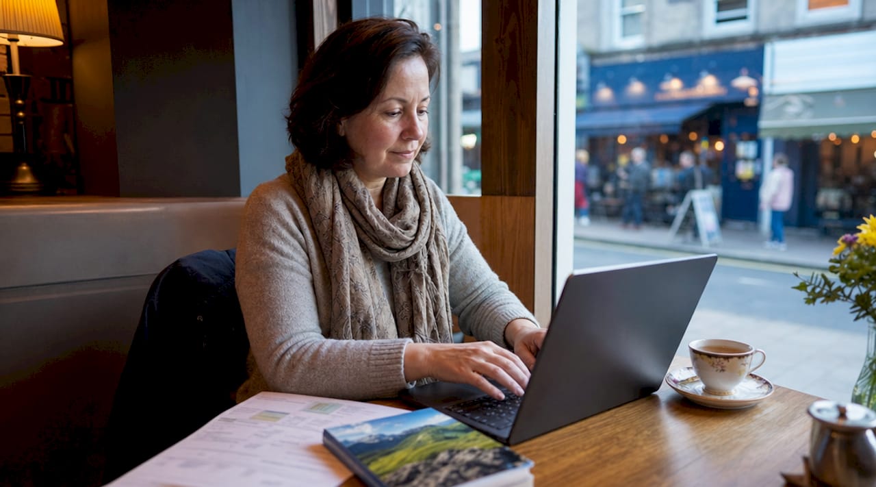 Woman planning private tour on laptop at desk